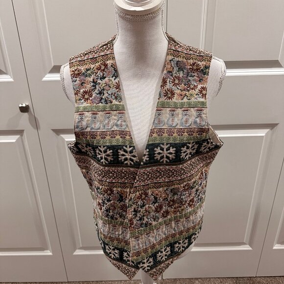 Vintage tapestery embroidery holiday vest size small snowmen, snowflakes, winter - Picture 1 of 4
